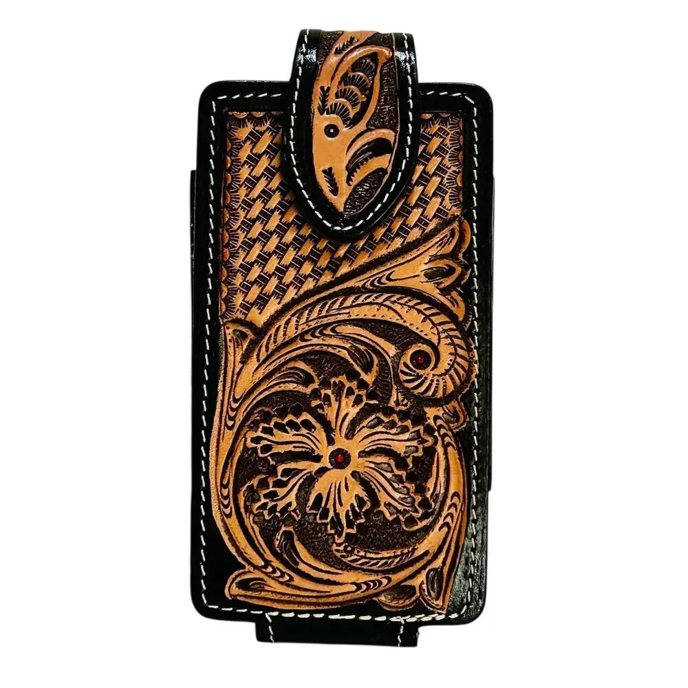 Western Leather Cell Phone holster black - hand tooled,Funda de piel vaquera
